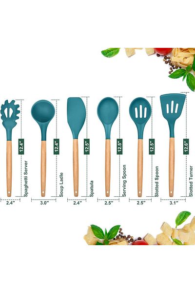 COOYA Cooking Utensils Set of 6, Silicone with Wooden Handle, Non-stick Cookware Friendly & Heat Resistant