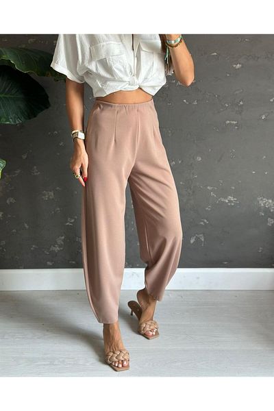 Maldia Shop Γυναικείο παντελόνι Mom Model Waist Elastic Camel Fabric