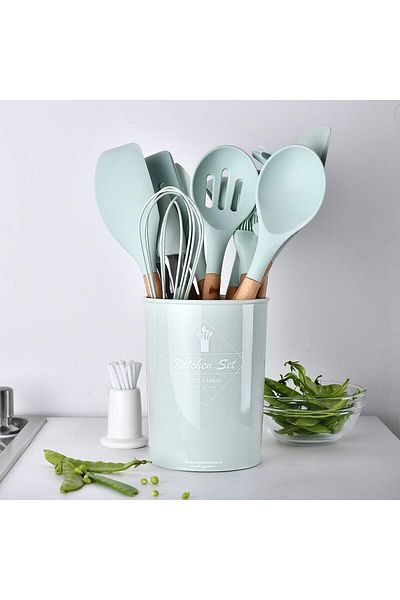 COOYA 11 Pieces Silicone Cooking Utensils Set, Nonstick Cookware, Heat Resistant, with Nature Wood Handles