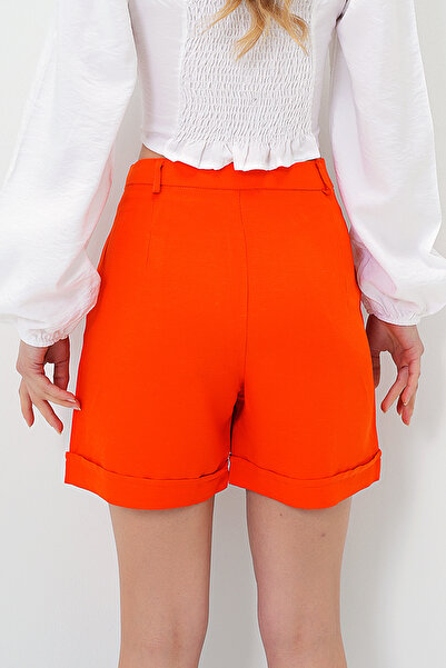 VAGGON Women's Orange Double Pocket Double Leg Hidden Zipper Linen Shorts Prmx13767