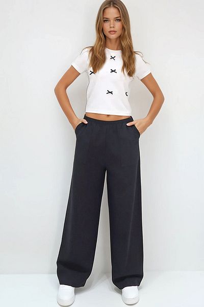 VAGGON Women's Black Double Pocket Elastic Waist Linen Wide Leg Pants Prmx13768