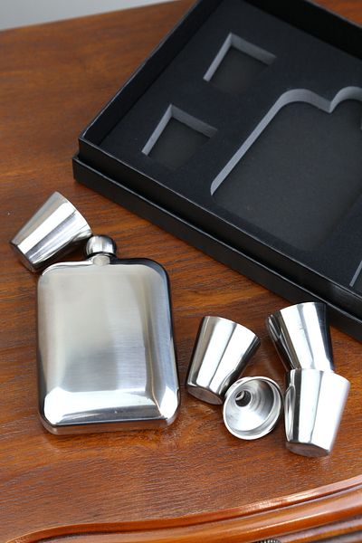imsaconcept Metal Flask Set with 4 Shot Glasses and Funnel 5.oz Anniversary, Gift for Lover