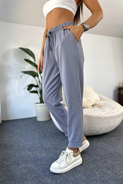 Maldia Shop Women's Elastic Waist, Tassel Detail, Piece Dye Gabardine Gray Trousers