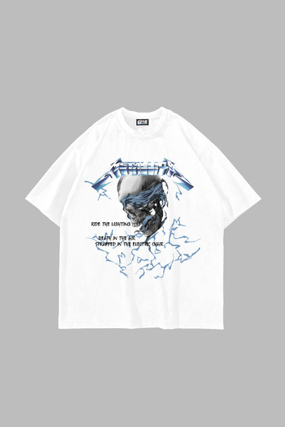 Sokak Butik RideTheLighting-Metallica Baskılı Oversize Beyaz Unisex Tshirt