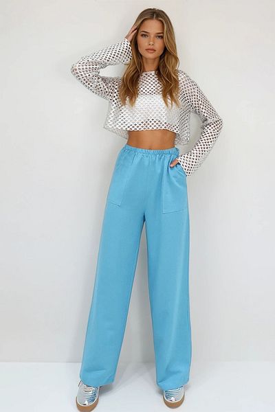 VAGGON Pantaloni largi de in, albastru, cu buzunar dublu, cu talie elastică Prmx13768