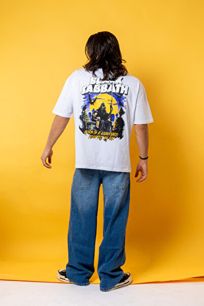 Sokak Butik Unisex White Oversize Tshirt - Black Sabbath Printed, 24/1 Model
