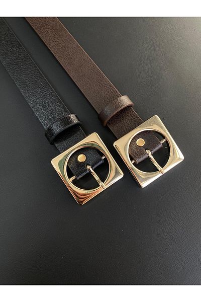 LİA KEMER 2-Piece Square Gold Buckle Model Belt Waist Belt Coat Belt Dress Belt Trouser Belt