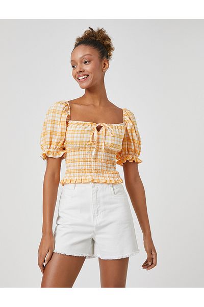 Koton Crop Blouse Balloon Sleeves Gipe Detailed Square Neck