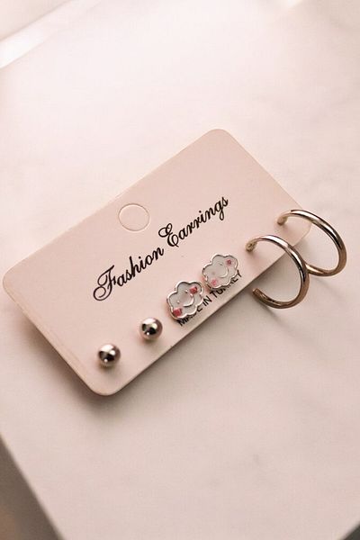 EUROMODA Silver Color Cloud Ring and Ball Earring 3-Piece Children's Teenager Earring Set