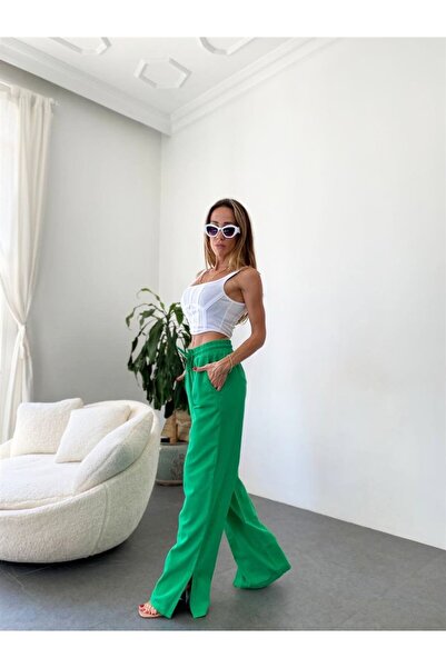 Maldia Shop Kadın Yüksel Bel Yırtmaçlı Geniş Paça Gabardin Pantolon