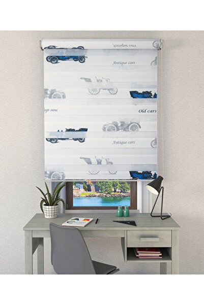 Kidmex Mavi Arabalı Zebra Stor Çocuk Odası Perde