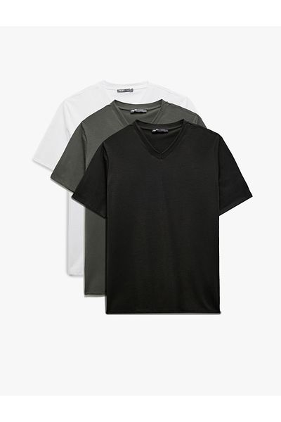 Koton Βαμβακερό V-Neck Slim Fit Basic Σετ 3 ανδρικών μπλουζών