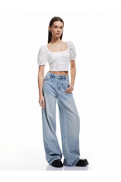 Koton Gimped Poplin Balloon Sleeve Lace Detailed Crop Blouse