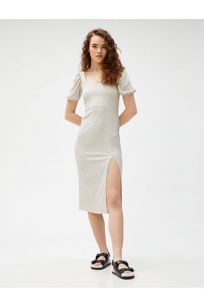 Koton Midi Dress Balloon Sleeve Slit Square Neck
