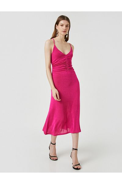 Koton Strappy Dress Gather Detailed V-Neck