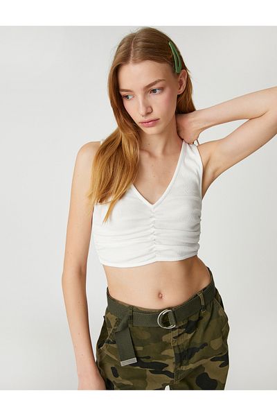 Koton Crop Tank Top Cotton Draped V-Neck Sleeveless