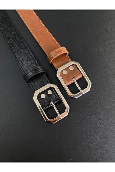 LİA KEMER Pachet de 2 curele cu cataramă argintie cu cusături pătrate Curea d...