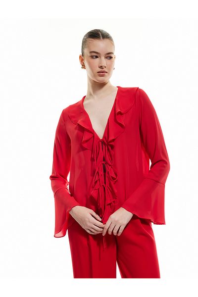 Koton Long Spanish Sleeve V-Neck Bow Detail Tie-Up Crepe Ruffle Shirt