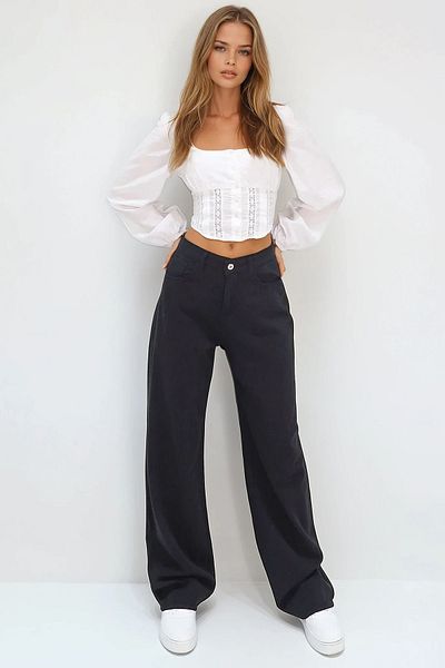 VAGGON Pantaloni de vară din Gabardină, negri, cu talie înaltă, cu cinci buzunare, cu picioare largi Prmx13761