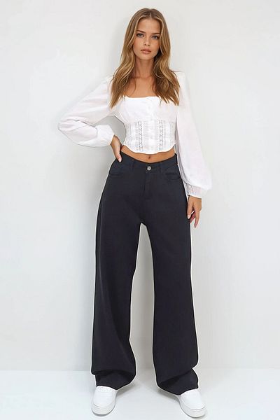 VAGGON Pantaloni de vară din Gabardină, negri, cu talie înaltă, cu cinci buzunare, cu picioare largi Prmx13761