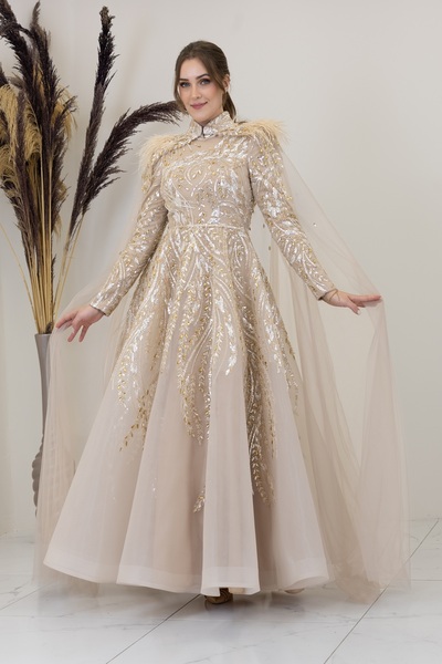 PİENNAR Kayra Evening Dress with Applique Embroidered Cape on the Front