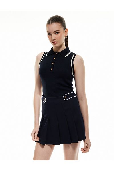 Koton Viscose Button Detailed High Waist Pleated Mini Shorts Skirt