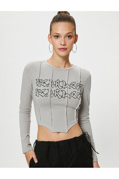 Koton Long Sleeve Crop T-Shirt Asymmetric Cut Corset Look