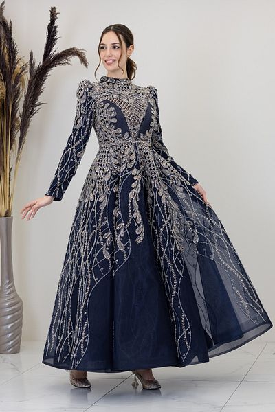 PİENNAR Applique Embroidered Leaf Evening Dress