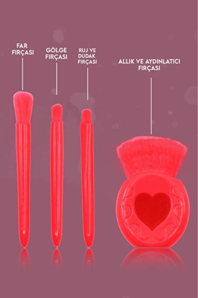 MUJGAN Professional Portable Mirrored Makeup Brush Set Dark Pink with Heart