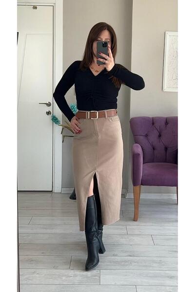 VOSEM BUTİK VİZON RENGİ YIRTMAÇLI KETEN ETEK