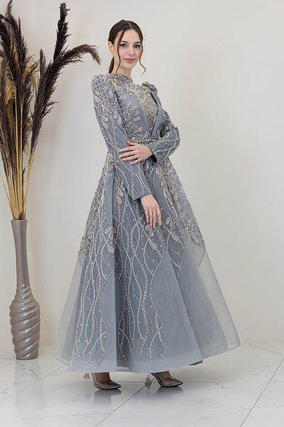 PİENNAR Applique Embroidered Leaf Evening Dress