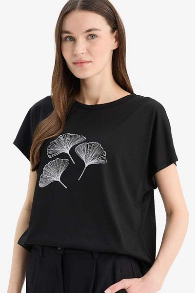 DeFacto Tricou cu mânecă scurtă cu imprimeu, cu decolteu rotund, sezon nou
