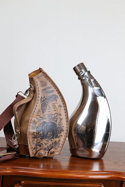 imsaconcept Metal Large Flask with Brown Leather Case