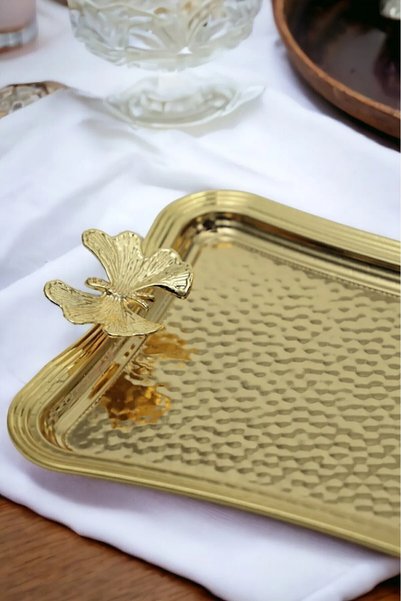 Diperla Gold Rectangular Tray Honeycomb Patterned Butterfly Detailed Gold Color Stainless Steel Tray