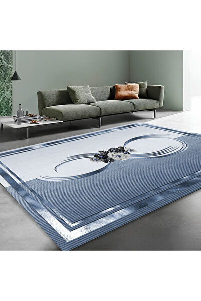 NetRoom Modern Yıkanabilir Mutfak Halısı Silinebilir Leke Tutmaz Kaymaz Taban Mavi 4011