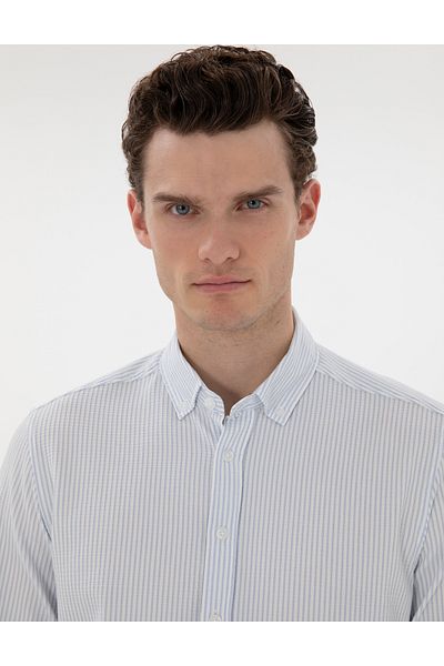 Pierre Cardin Ανοιχτό μπλε Slim Fit ριγέ μακρυμάνικο πουκάμισο 50301583-VR003