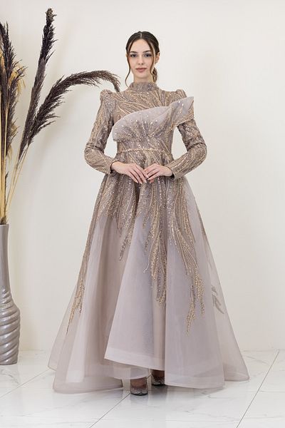 PİENNAR Draped Yaren Evening Dress with Stones on the Front