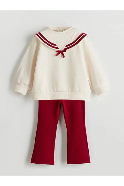 LC Waikiki Lcw Kids Ecru Ribbon Girls' Sweatshirt and Leggings 2-Piece