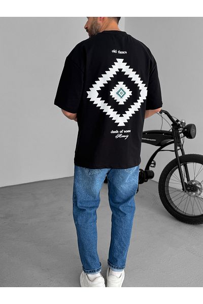 BYBASICMAN Black Aztec Embossed Oversize T-Shirt Res-5175