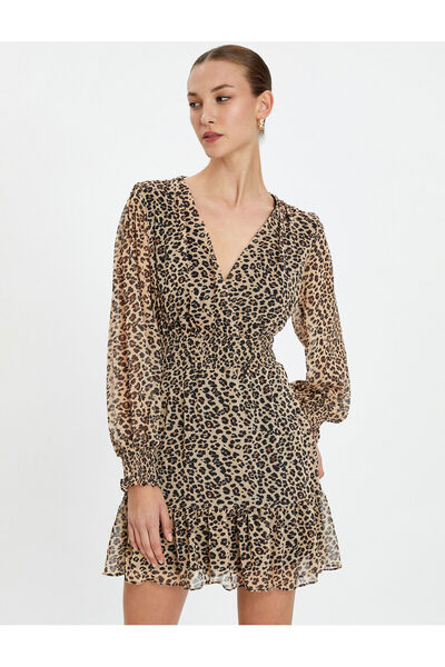 Koton Chiffon Dress Leopard Pattern Balloon Sleeve V-Neck