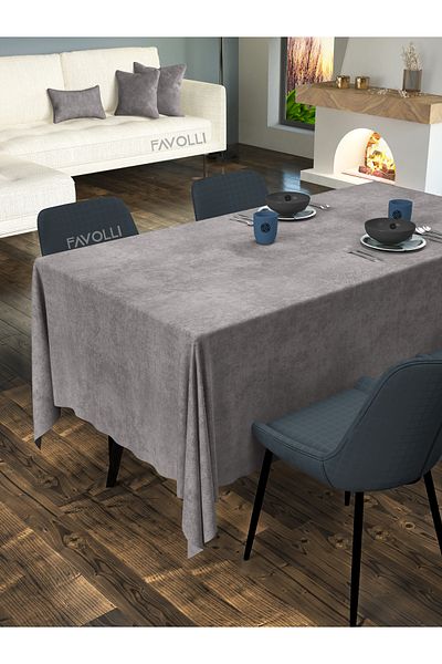 FAVOLLİ Velvet Textured Silver Gray Tablecloth