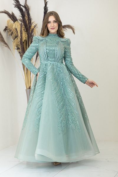 PİENNAR Draped Front Shoulder Beaded Padded Lion Evening Dress