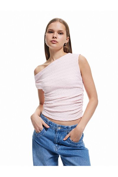 Koton One Shoulder Detailed Textured Asymmetrical Neckline Draped Sleeveless T-Shirt Wrap