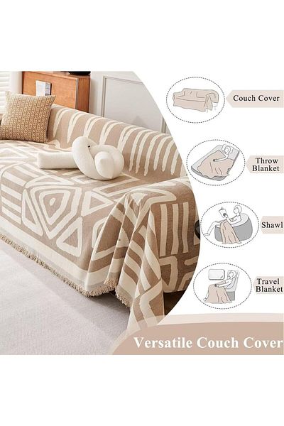 COOYA Sofa Slipcover, 3 Seat Boho Soft Non-Slip Washable Couch Throw Blanket with Tassel, Beige 180x260cm