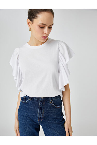 Koton Bavlněné tričko Crew Neck s volánkem