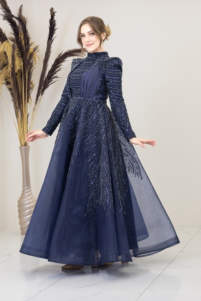 PİENNAR Draped Front Shoulder Beaded Padded Lion Evening Dress