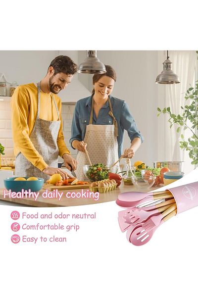COOYA مجموعة أدوات طهي مكونة من 24 قطعة، مقاومة للحرارة غير سامة، مقابض خشبية، مع دلو تخزين