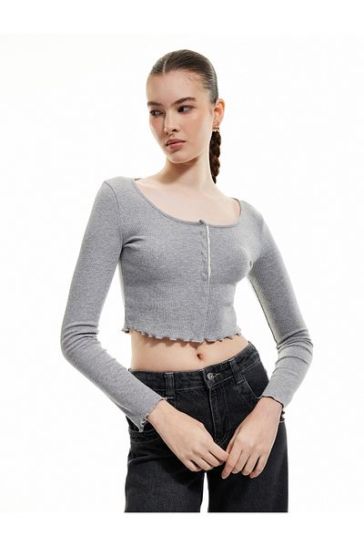 Koton Snap Button Round Neck Long Sleeve Slim Fit Crop T-Shirt