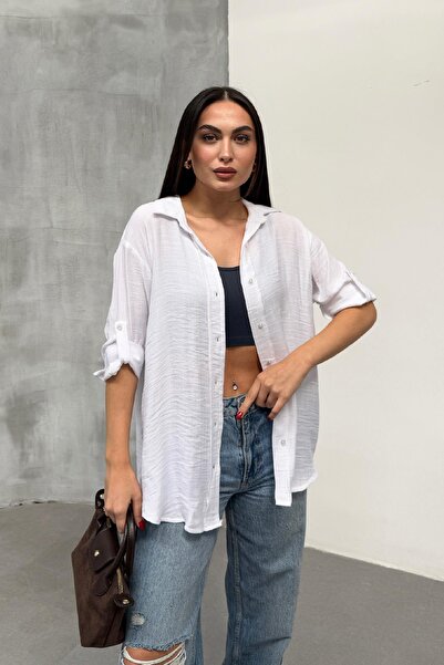 RB CLUB Λευκό λινό πουκάμισο με διπλωμένη μανίκια