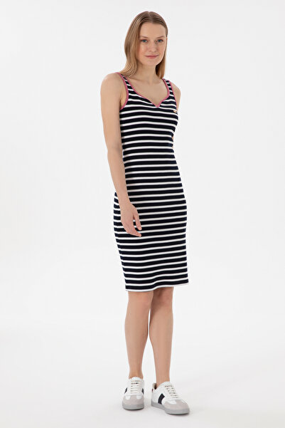 U.S. Polo Assn. Kadın Lacivert Çizgili Kolsuz Midi Boy Örme Elbise 50300750-VR033